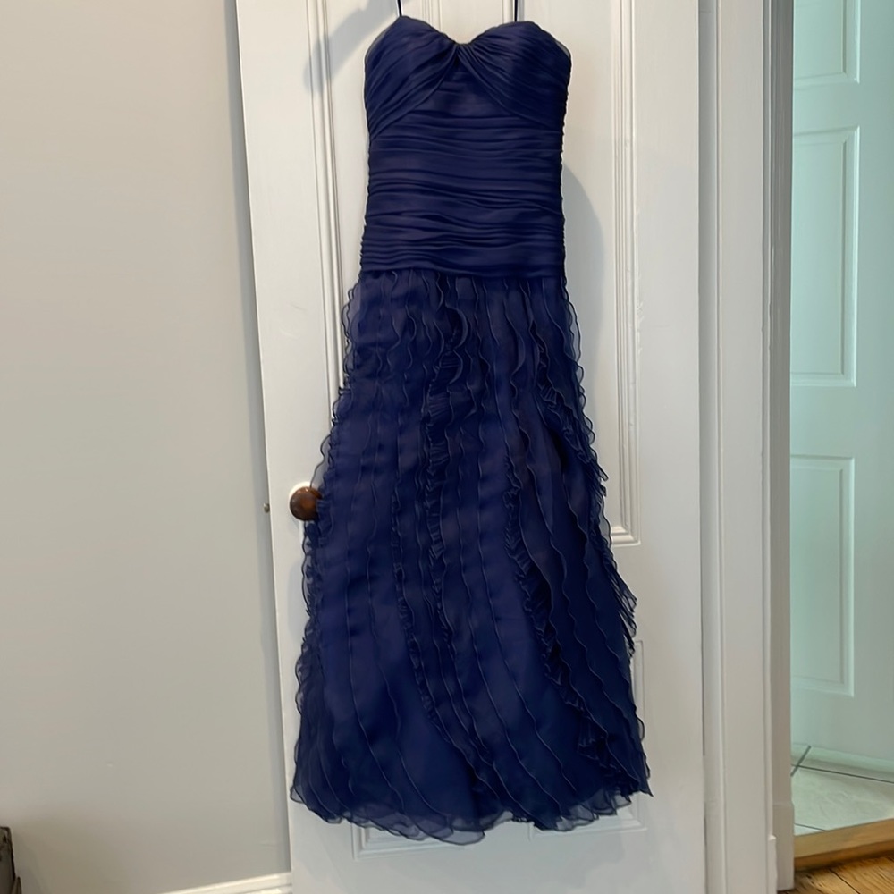 Lian Carlo couture royal blue ruffled strapless gown size 2